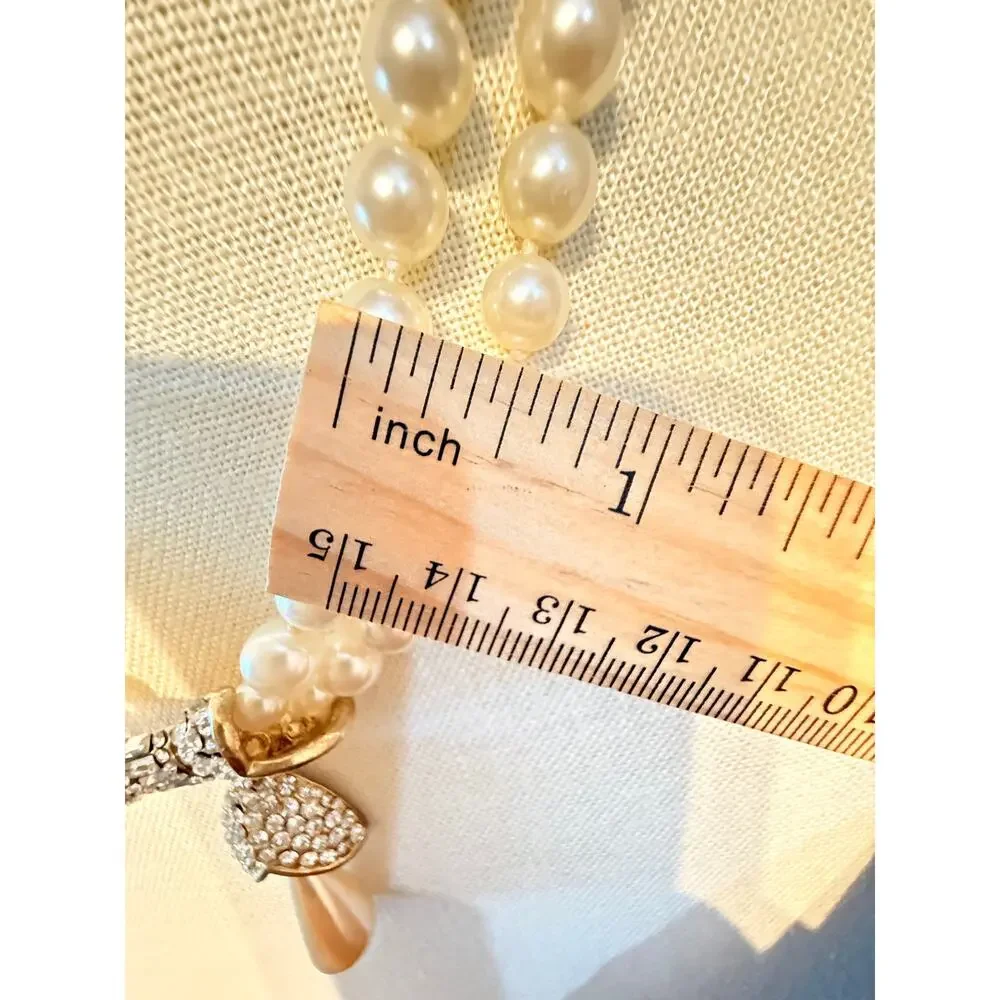 Vintage Faux Pearl Rhinestone Bow Drop Necklace 18”